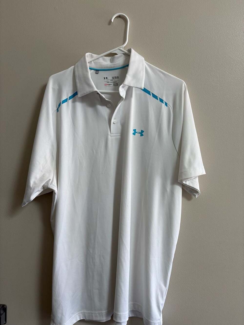 Under Armour Men's XL HeatGear Loose Fit Golf Polo Shirt White Teal Accent